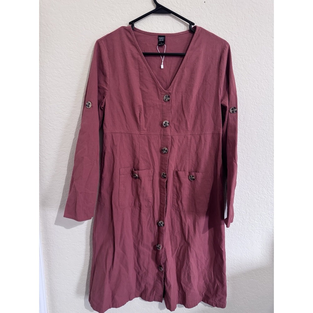 Emery Rose‎ Mauve Rose Button Front Long Sleeve Pocket Midi Dress Large